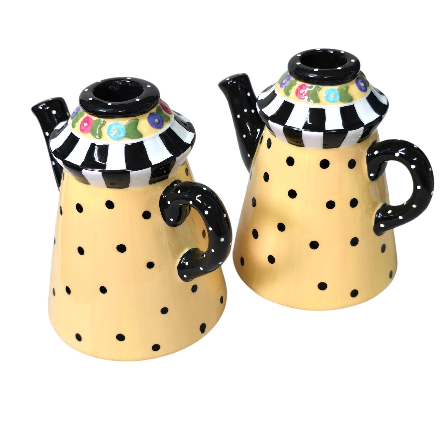 VTG 1998 Mary Engelbreit Yellow & Black Polk-A-Dot Teapot Candle Holders