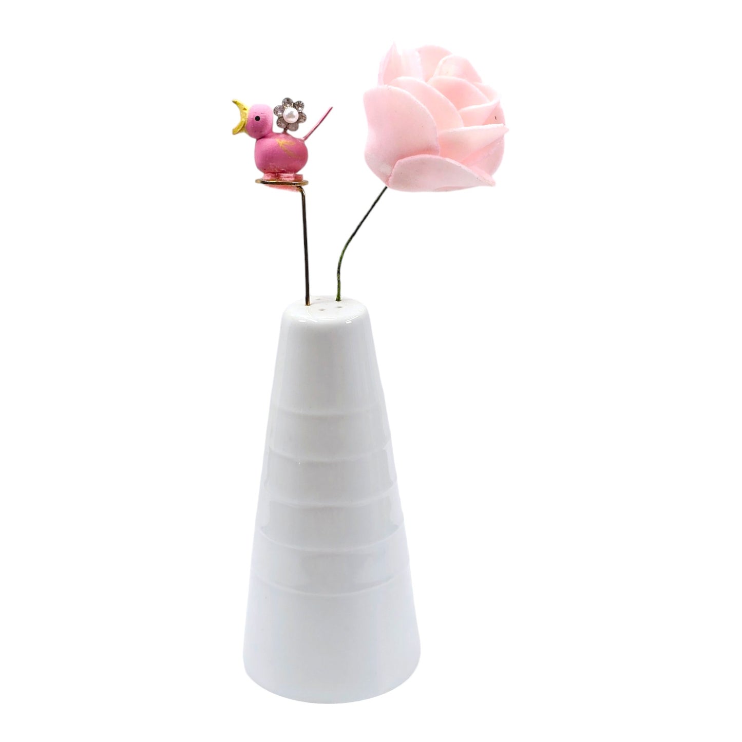 White Salt Shaker Display with Pink Bird and Pink Rose