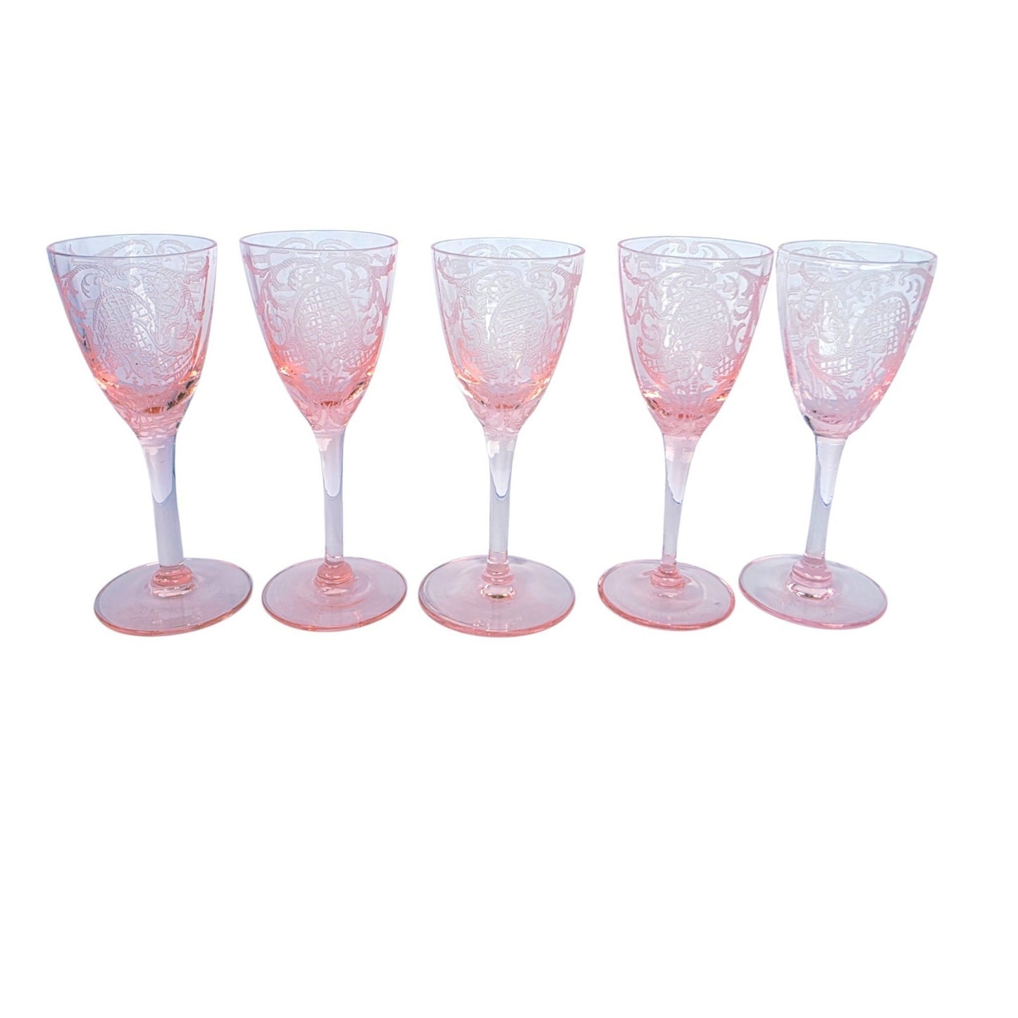 Rare 1929 Cambridge Glass Etched Pink Cordials Etch 740 Stem 3050 Set of 5