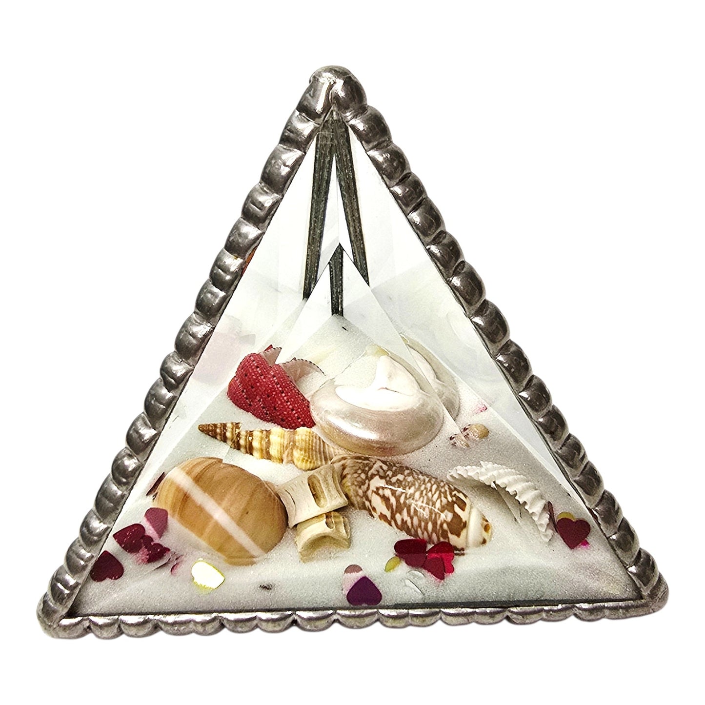 Signed J & J 1993 Glass Sand Prism Valentine's Shell Heart Confetti Art Coastal