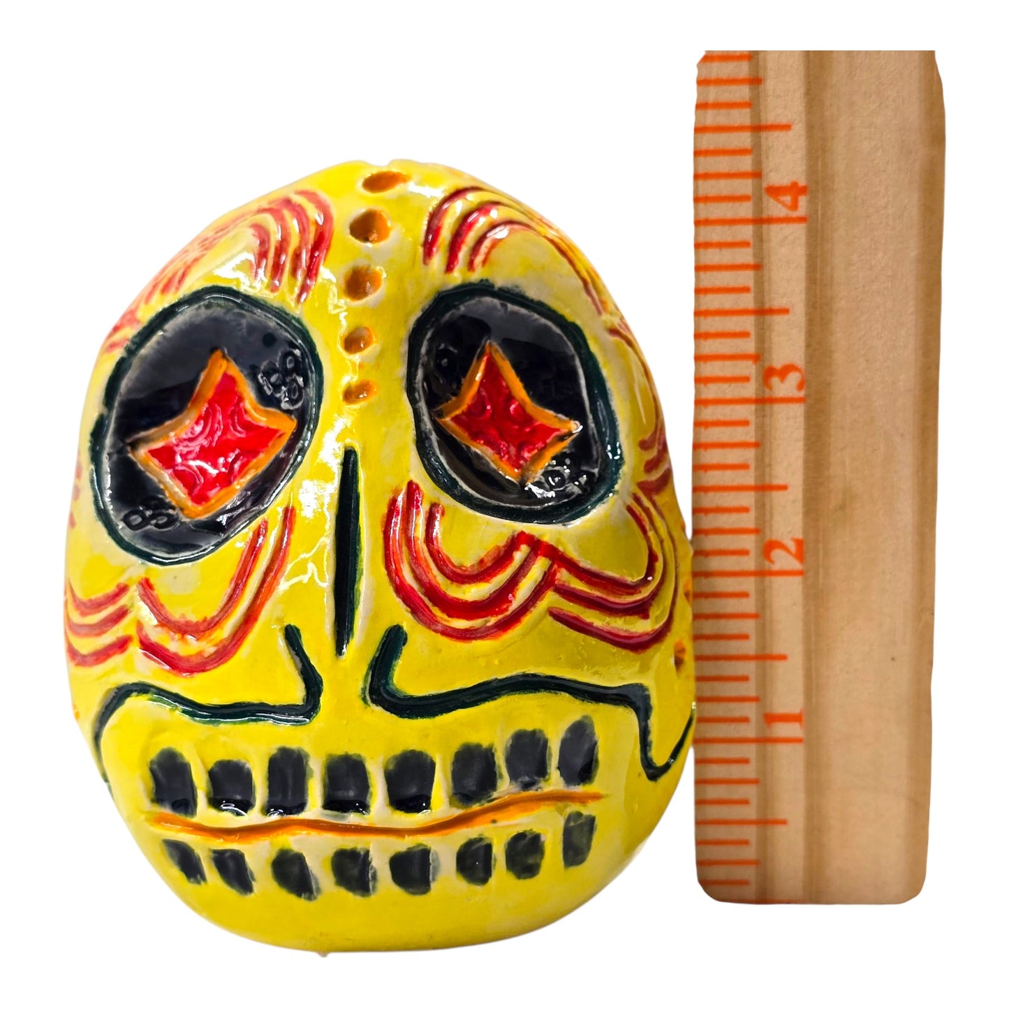 Hand Painted Ceramic Sugar Skull Dia de los Muertos Signed Folk Art Mexico Heavy