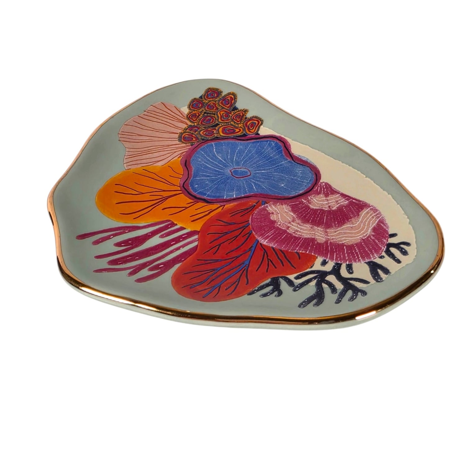 Danica Studio Neptune Trinket Tray Mint Green Ceramic Coral Gold Trim Dish