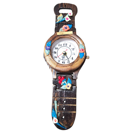 Vintage Wooden Wristwatch Wall Clock El Salvador Folk Art Quartz Floral Décor