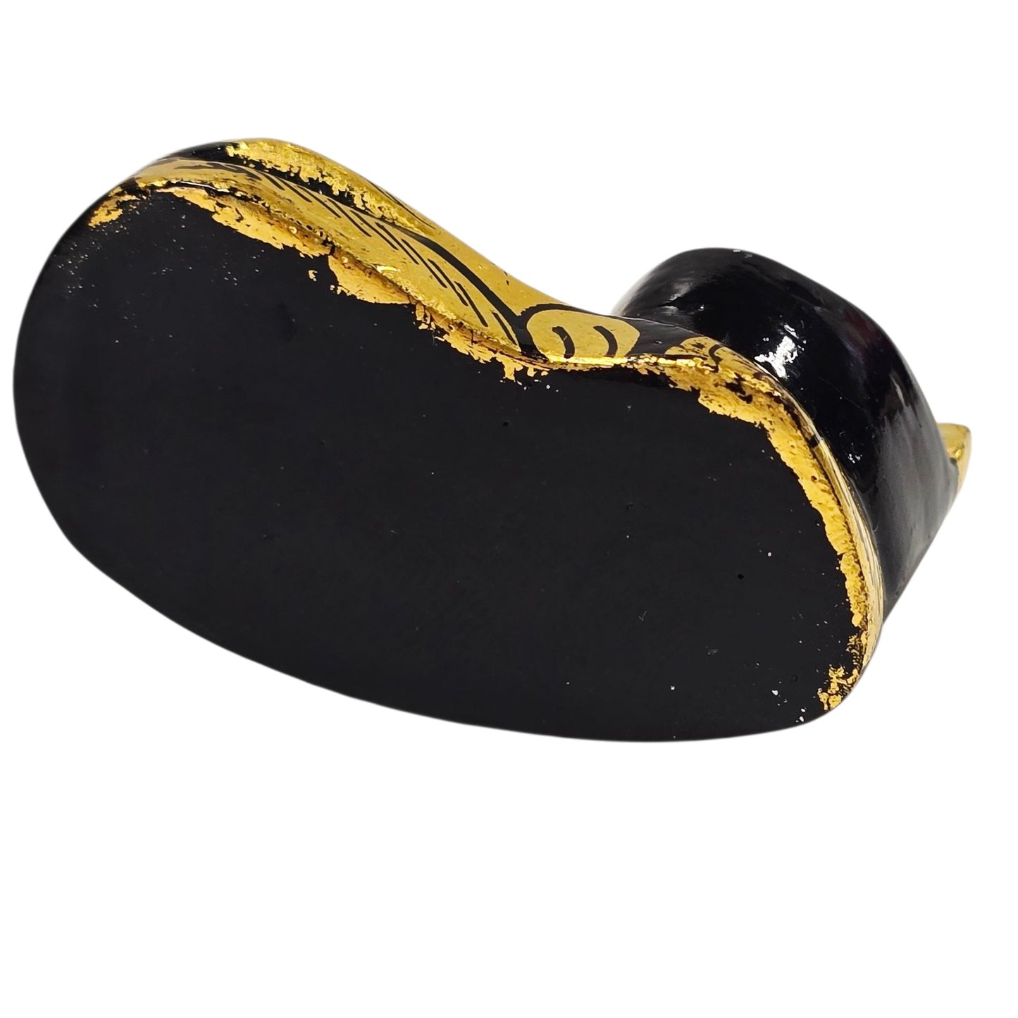 Handcrafted Black & Gold Lacquered Wooden Cat Figurine Gold Foil Accents 2"
