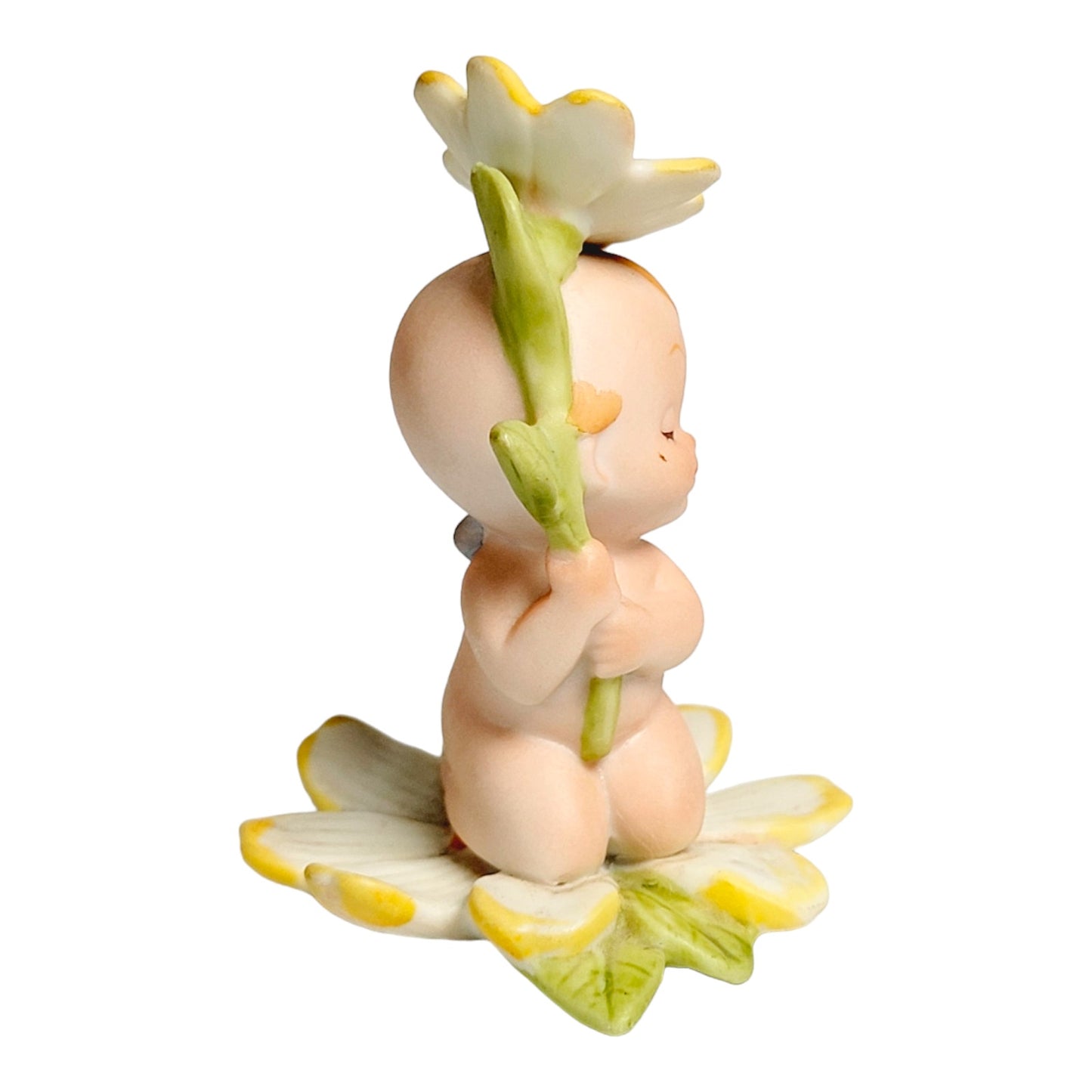 Lefton Bisque Kewpie Baby Holding Daisy Figurine, Lefton Kewpie Doll Figurine Blue Wings