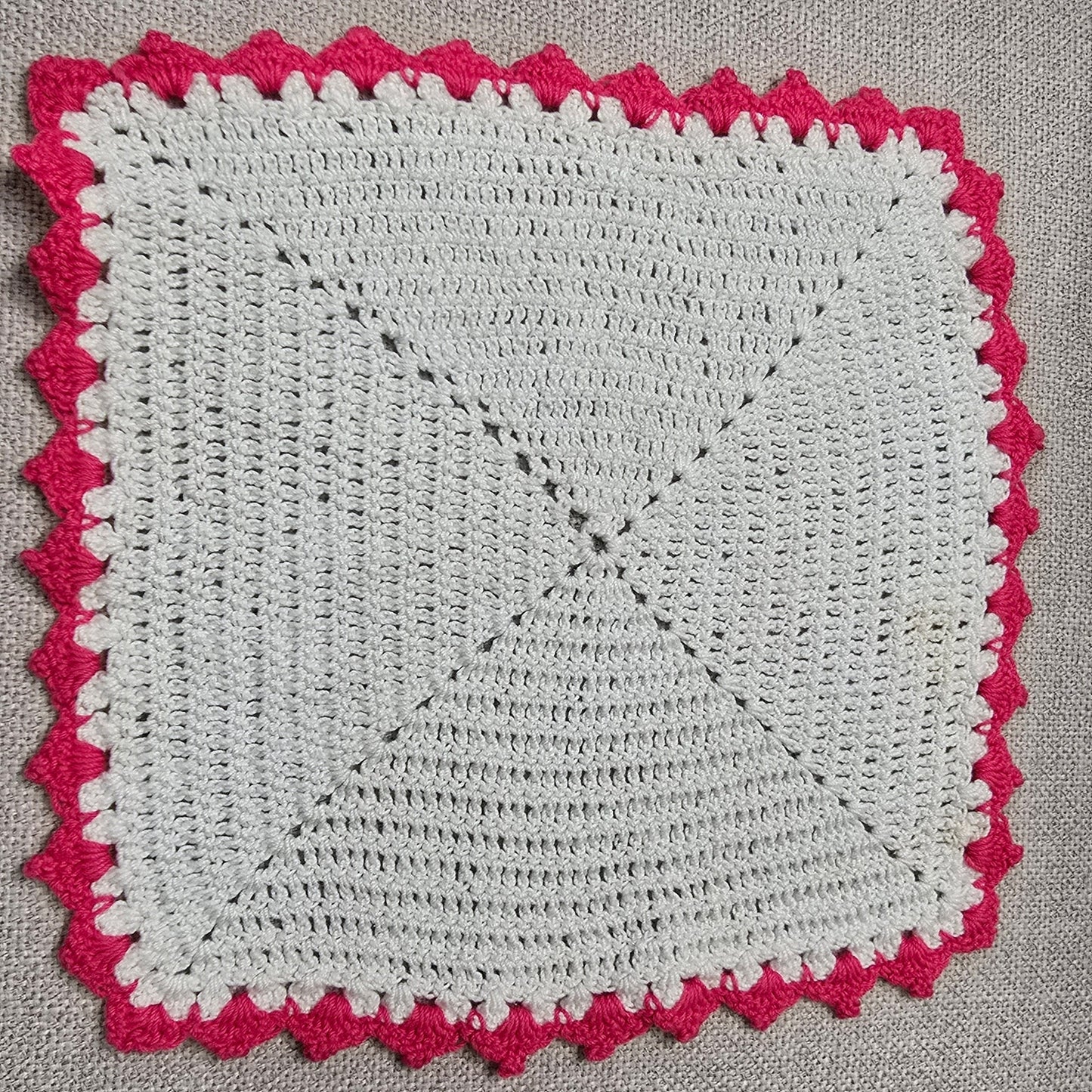 Set of 4 Vintage Handmade Crocheted Doilies with Dark Pink Trim