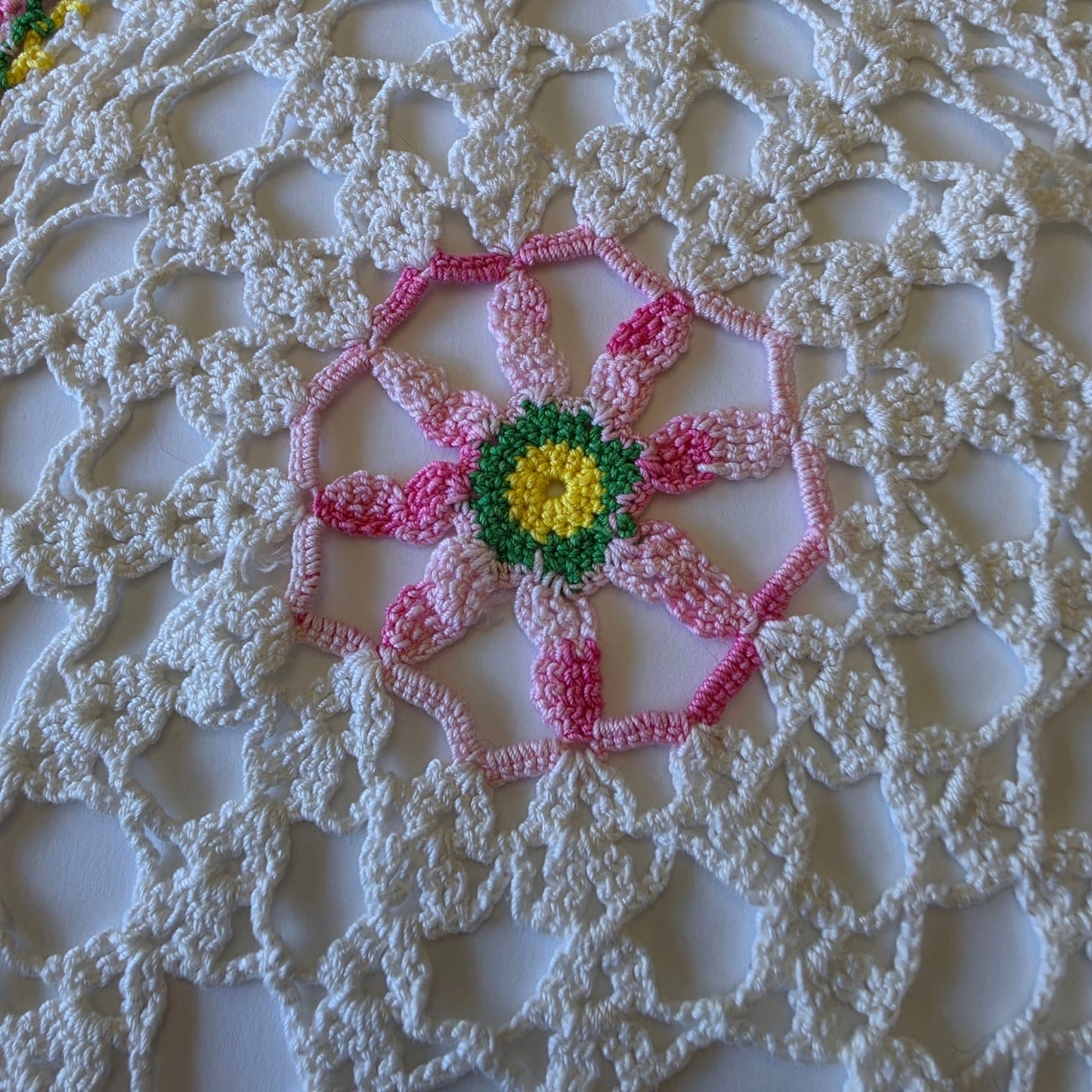 Vintage Crochet Floral Doily Set Oblong Dresser Scarf & Round Doily Handmade
