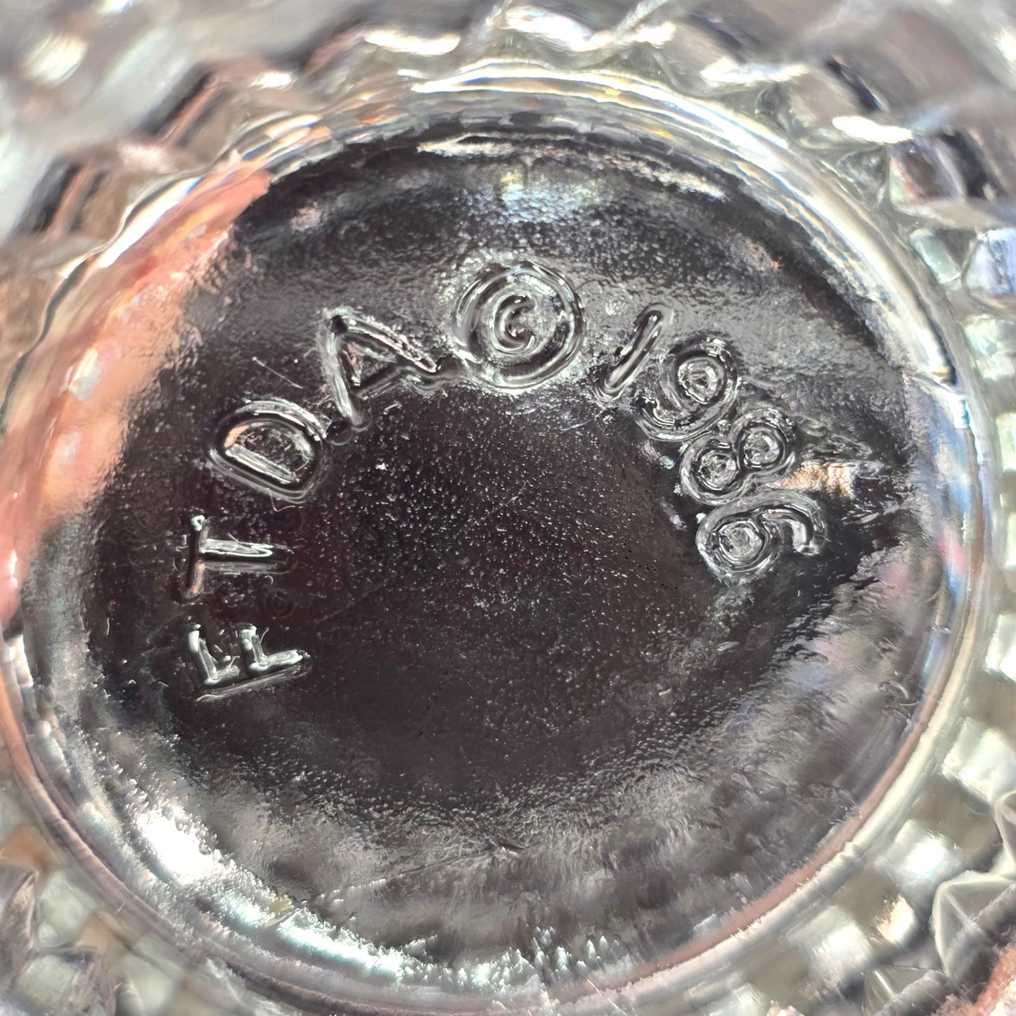 Vintage 1986 Pressed Glass Pedestal Bowl FTDA Diamond Cut & Ribbed Candy Dish