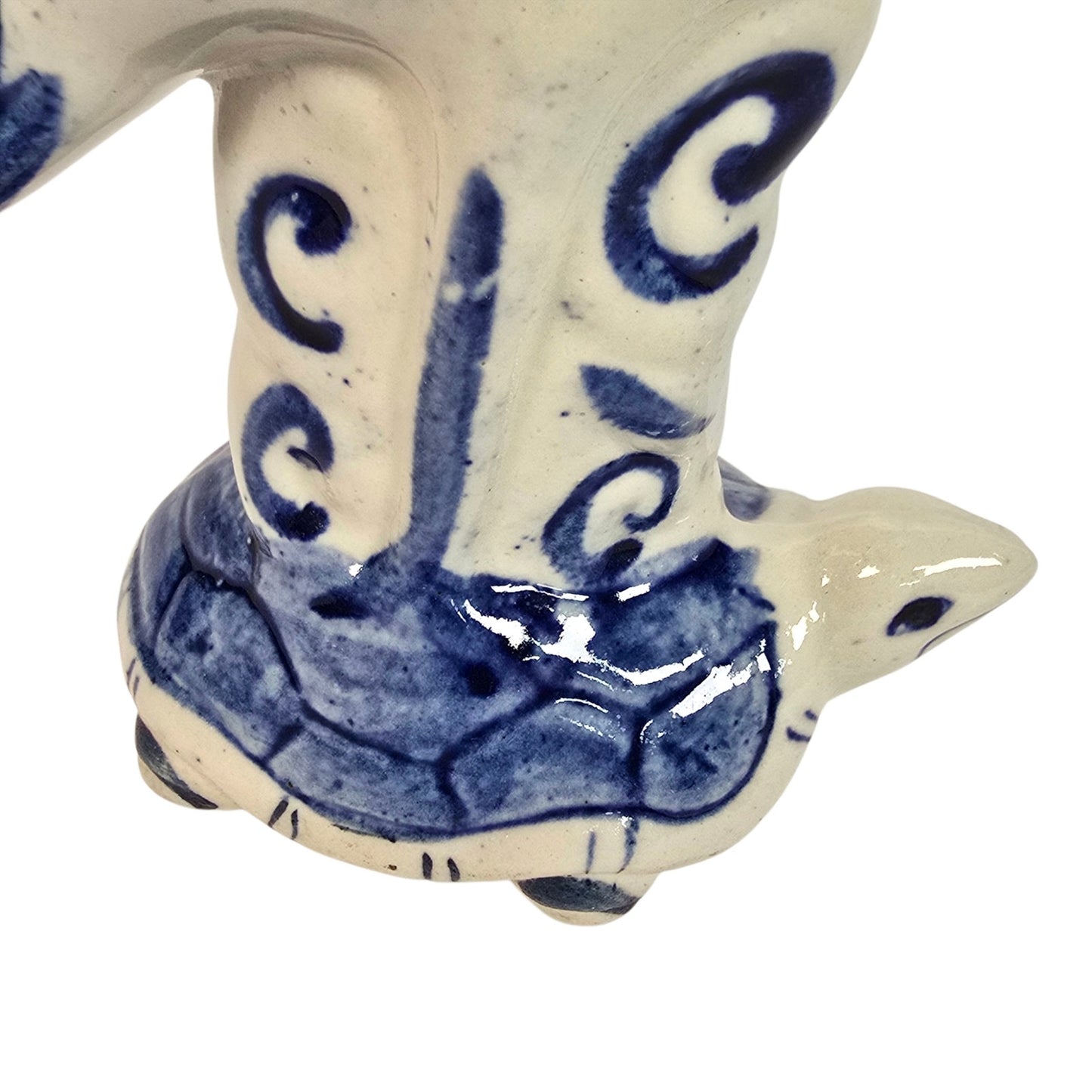 Vintage Blue & White Ceramic Crane on Turtle Figurine Asian Longevity Motif