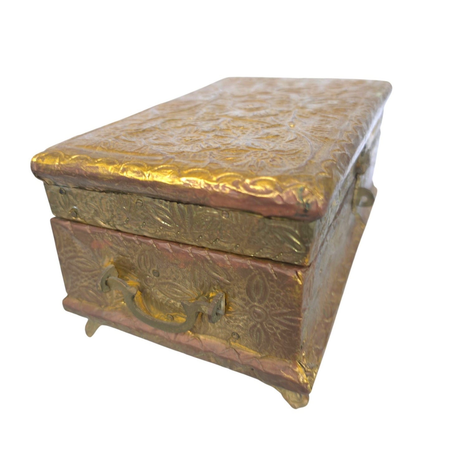 (Reserved for Customer) Vintage Embossed Repousse Brass Jewelry Box Red Velvet Lined Ornate Features
