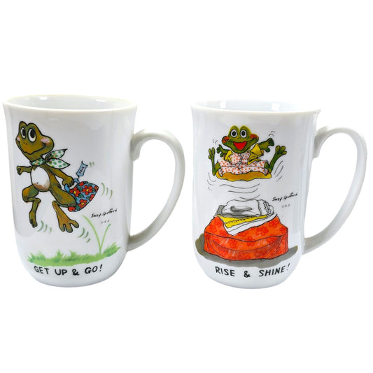 Set of 2 1976 Suzy's Zoo Frog Mugs by Enesco Coffee Mugs, Suzy Zoo Tea Mug Get Up and Go, Rise and Shine Frogs