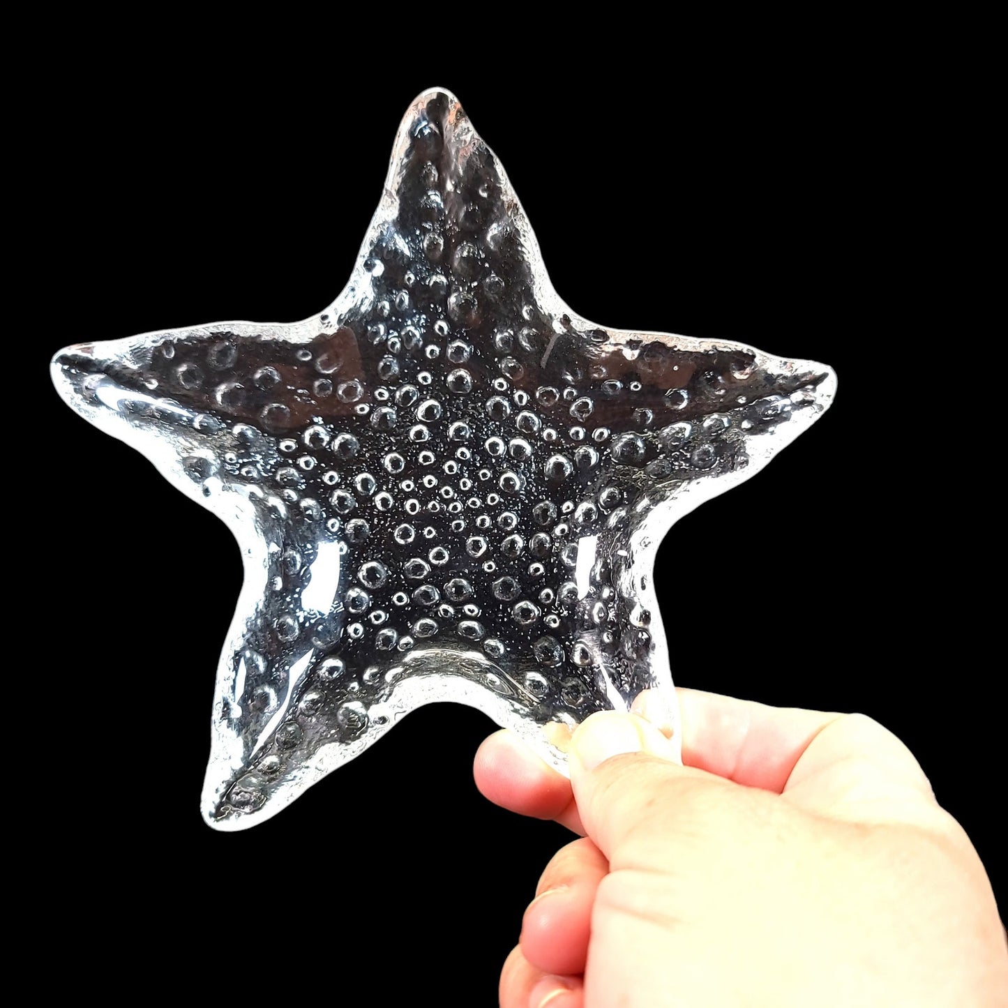 Clear Glass Star Fish Trinket Dish, Textured Bubble Glass 6" W