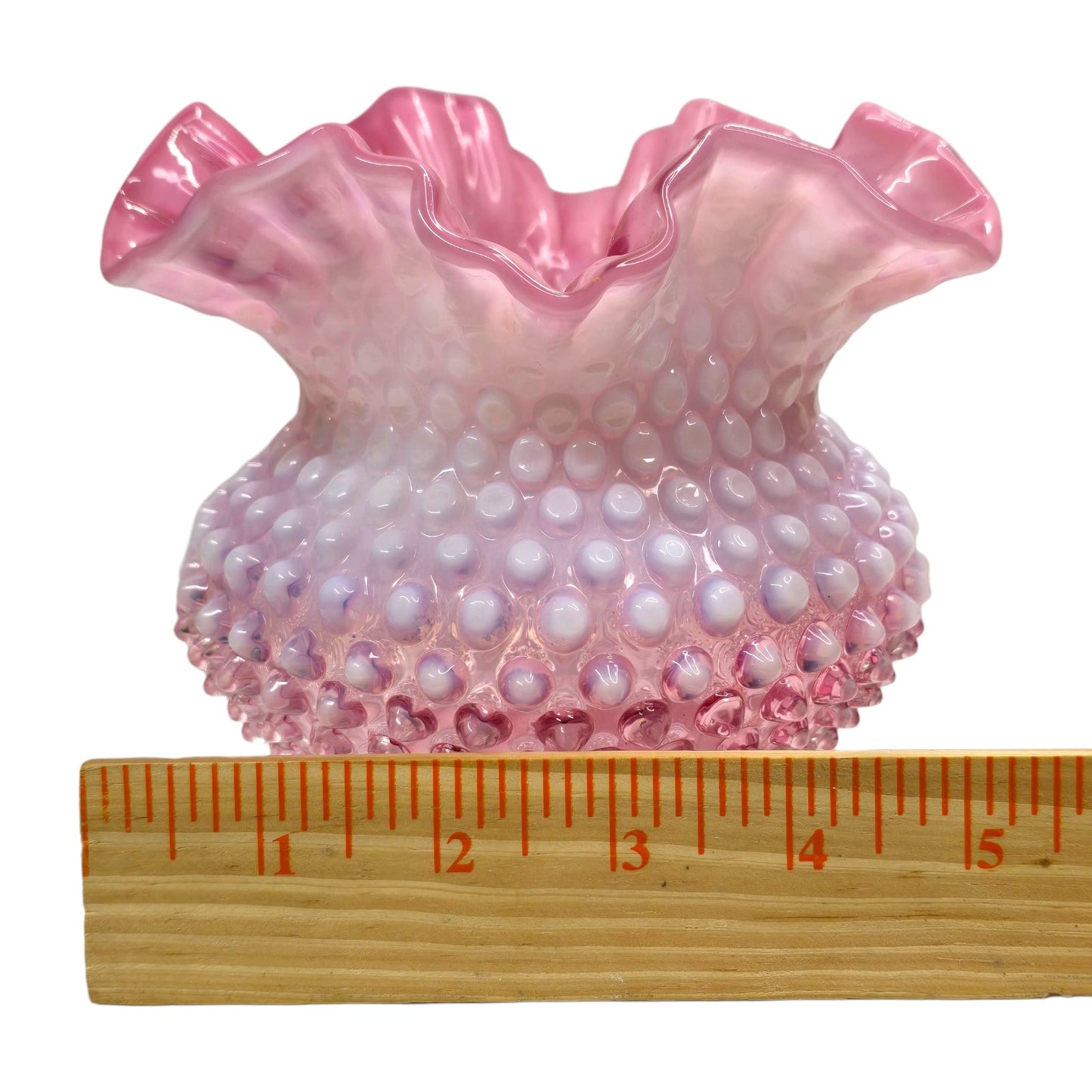 AS IS Fenton Cranberry Rose Opalescent Hobnail Ruffled Vase Uranium Reactive