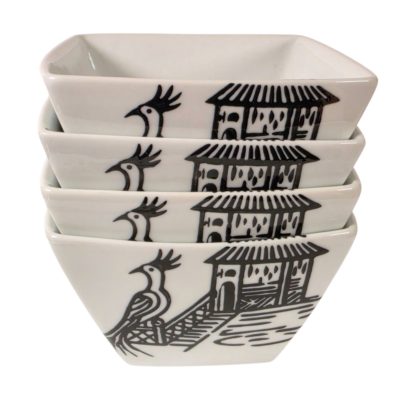 World Market Set of 4 Square Noodle Bowls Asian Pagoda Bird Japandi Boho Minimal