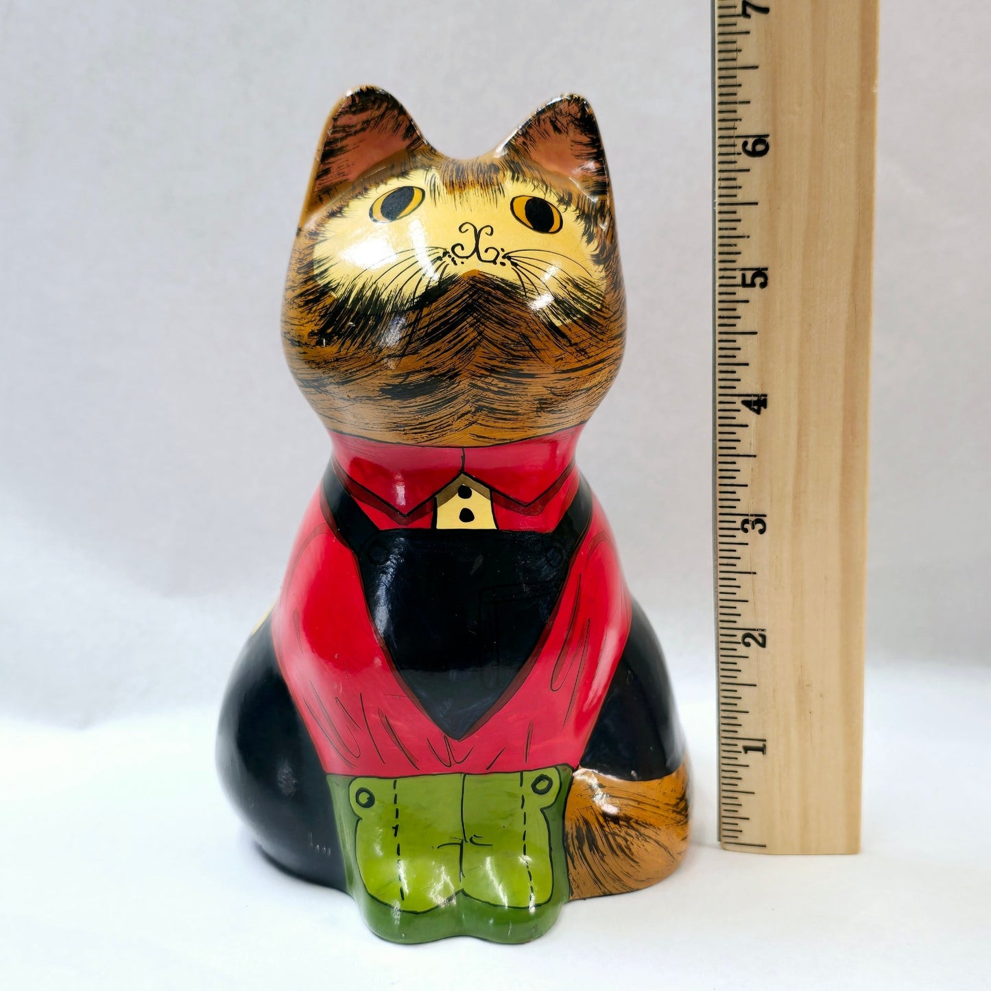 Vintage Joan de Bethel Ceramic Cat Figurine Coin Bank, Architect Cat in Overalls