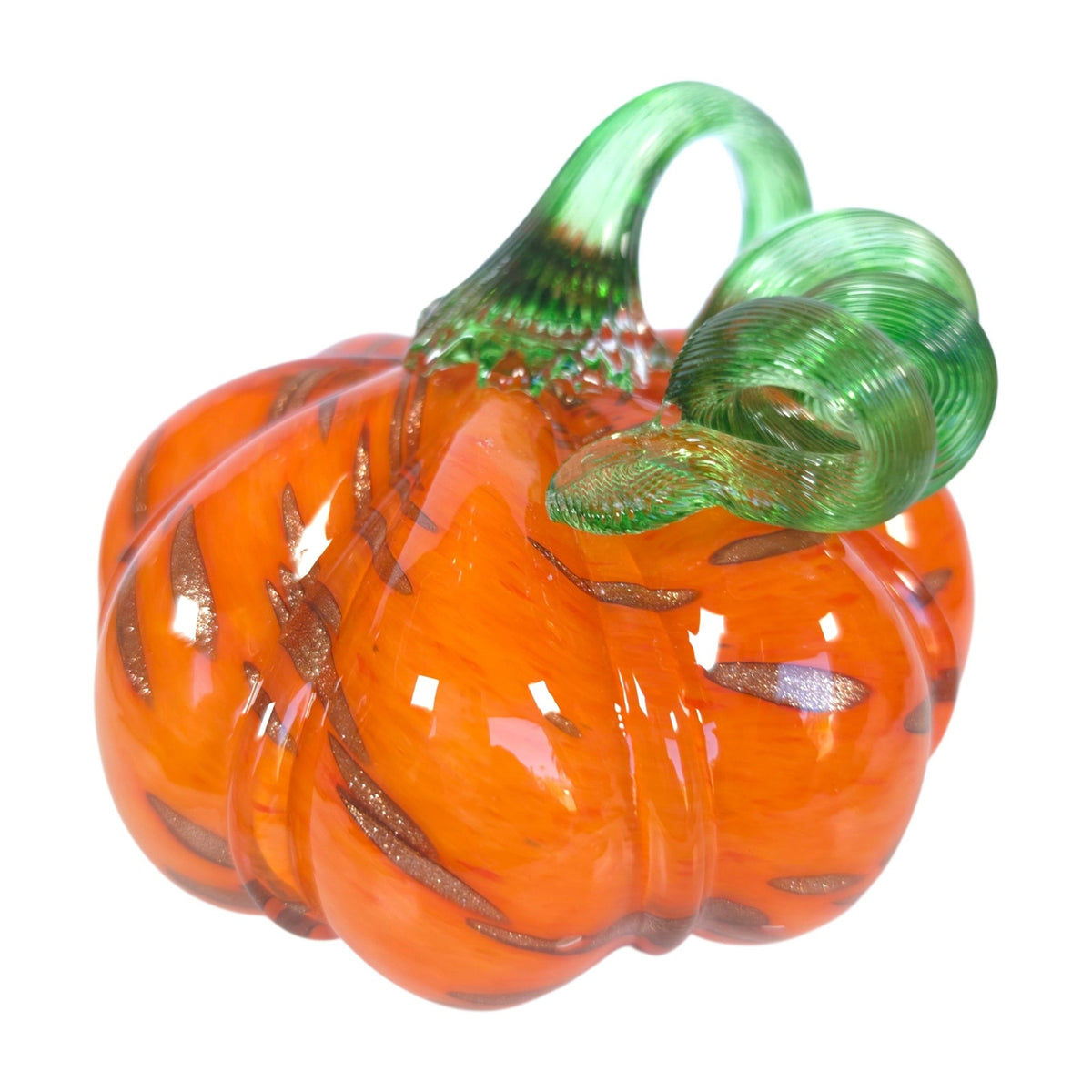 Hand Blown Orange Art Glass Pumpkin Green Curled Vine Stem Metallic Accents