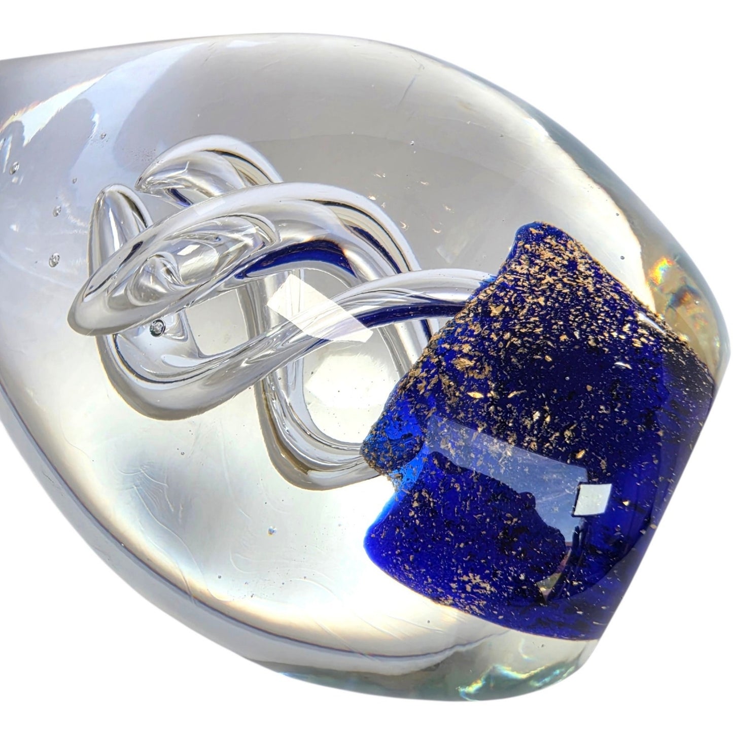 (Reserved for Customer) Vintage Art Glass Egg Paperweight Royal Blue Gold Fleck Aventurine Helix Swirl