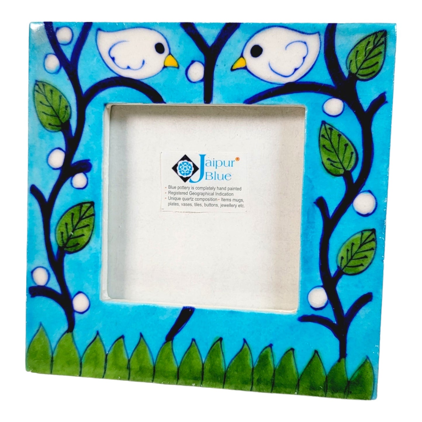 Handpainted Jaipur Blue Pottery Photo Frame, White Birds on Branch