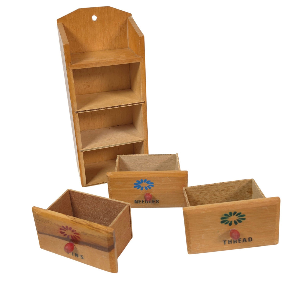Vintage Wood Sewing Notions Box 3 Drawers Floral Wall Mount Pins Needles Thread