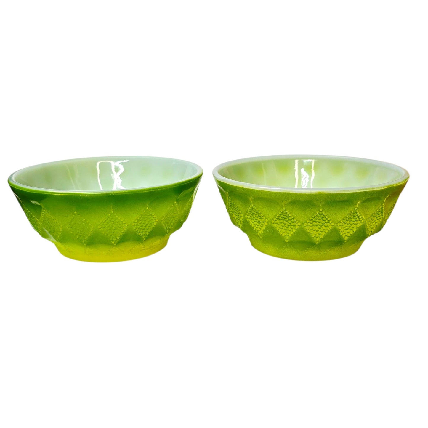 Vtg Fire-King Kimberly Green Bowls Set of 2 Anchor Hocking Avocado Diamond USA
