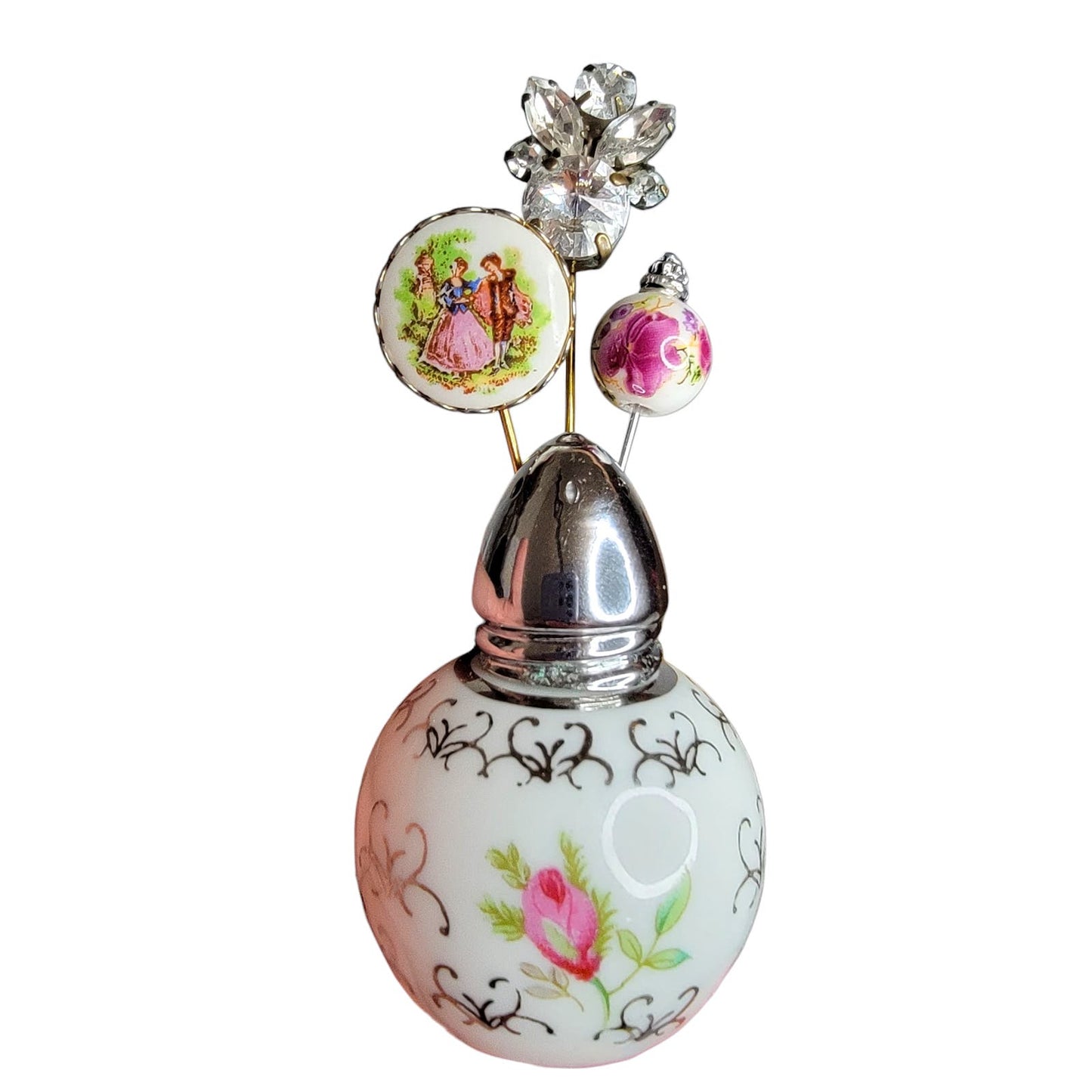 Vintage I. Rice Round Floral Shaker Pin Holder Display with Handmade Stick Pins Vtg Hatpin Holder, Vintage Salt Shaker Single