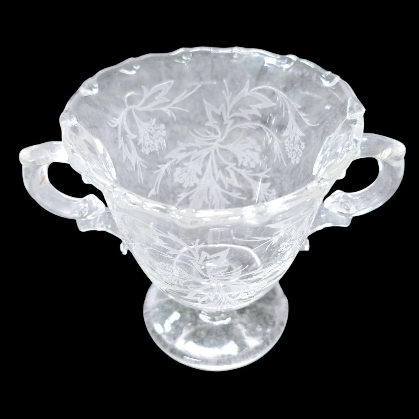 Vtg Fostoria Heather Glass Sugar Jar w/ Handles Baroque Style Floral Leaf Pattern