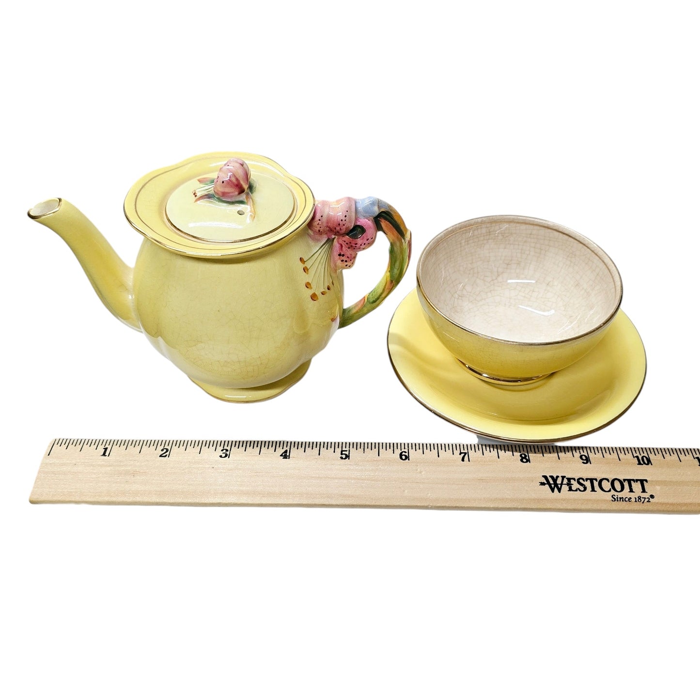 READ 1930's Royal Winton Grimewades Tiger Lily Teapot, Sugar Bowl? and Saucer Yellow