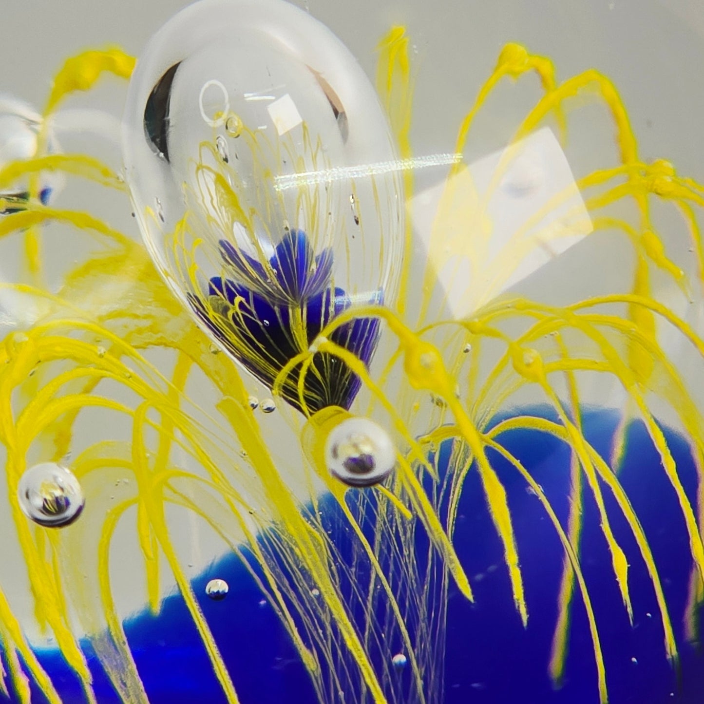 Art Glass Paperweight Cobalt Blue Yellow Firework Design