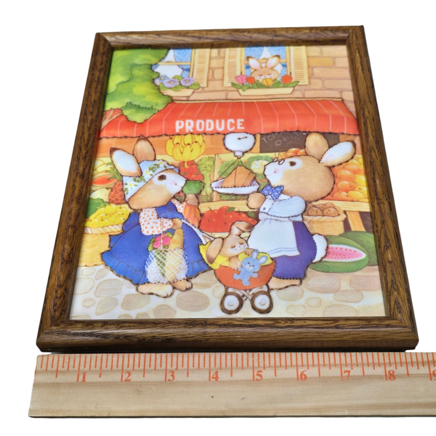 Vtg 3D Fabric Art Bunny Scenes Set of 2 Framed Produce Flowers Ice Cream Nursery