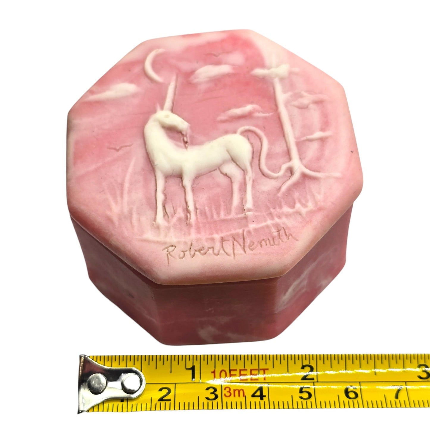 Robert Nemith Signed Incolay Stone Unicorn Trinket Box Relief Carved Mythical