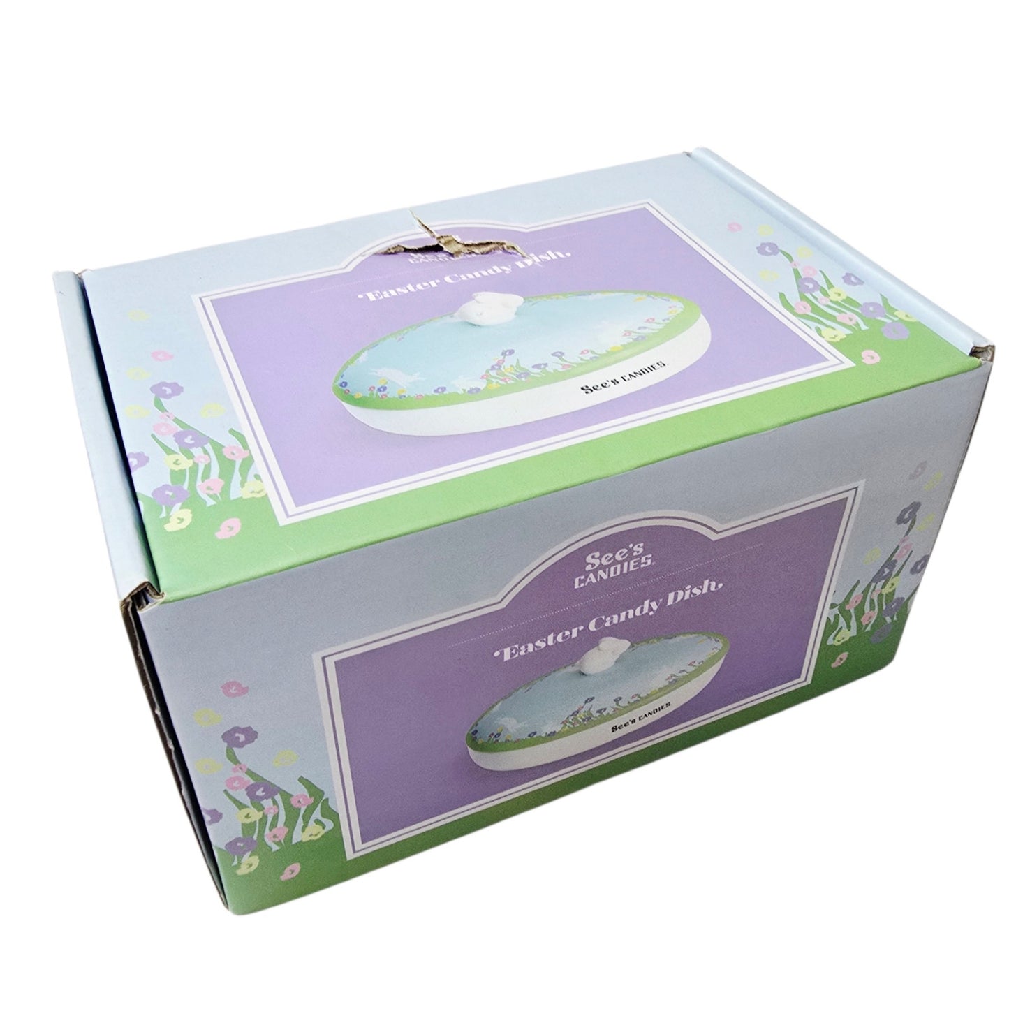 NIB See's Candies Easter Candy Dish Ceramic Lidded Bunny Knob Lid 7.5" Floral