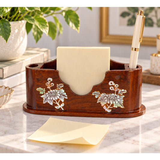 Vintage Wood Desk Organizer Mother of Pearl Inlay Memo Pen Holder Business Card