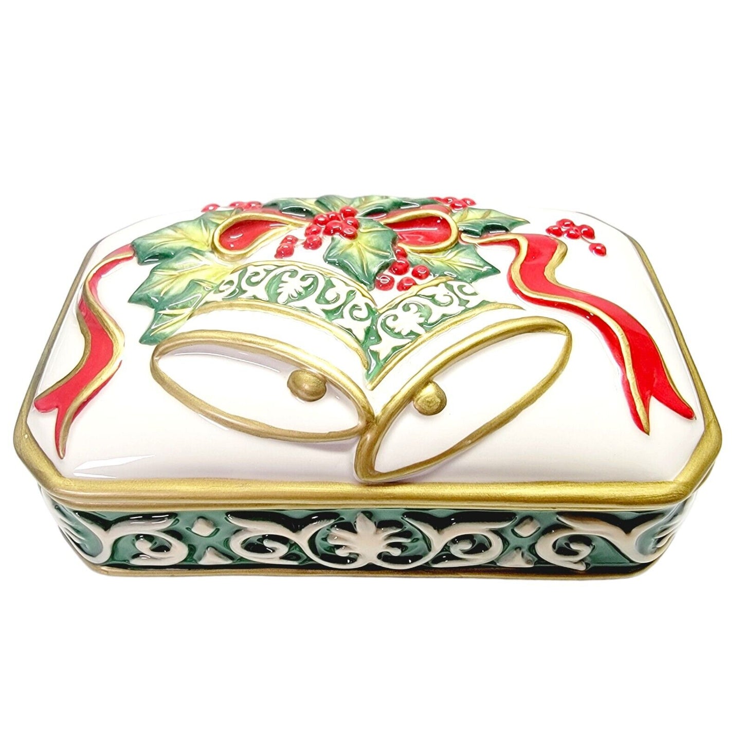 Fitz and Floyd Christmas Bells Porcelain Lidded Trinket Box 2004