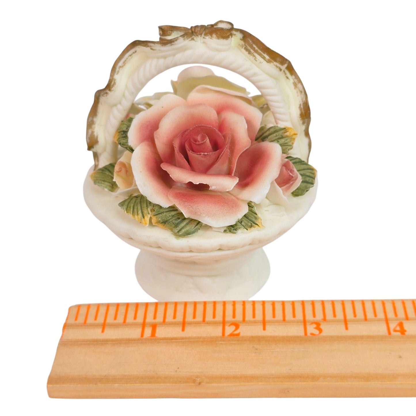 Vintage Porcelain Trinket Box Basket Pink Cream Rose Floral Lid Vanity Decor