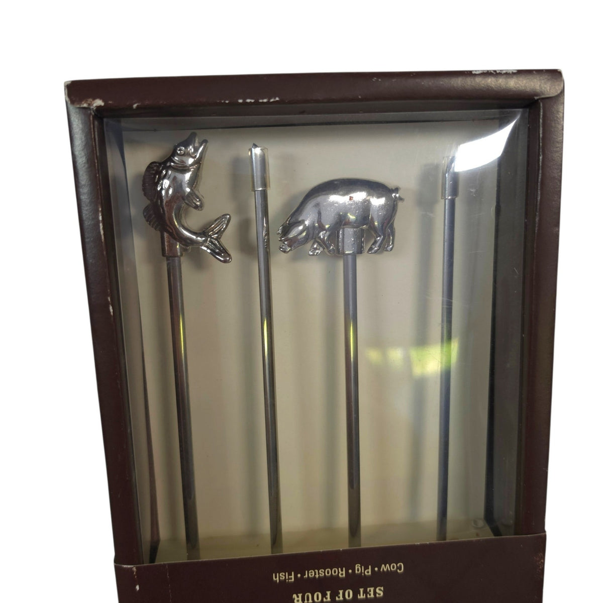 Williams-Sonoma Chrome Animal Skewers Set of 4 Cow Pig Rooster Fish NIB