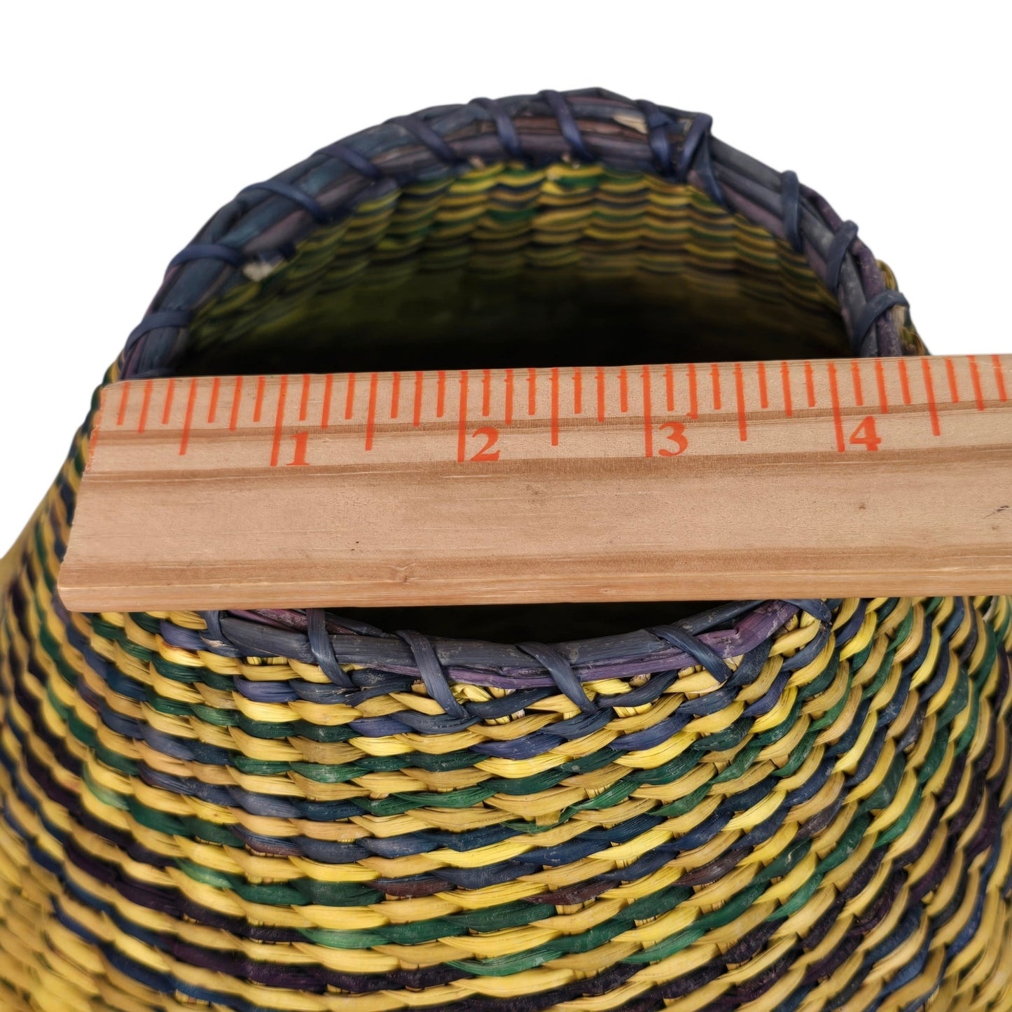 Vintage Woven Seagrass Basket Coiled Boho Yellow Purple Blue Tapered Vase Planter