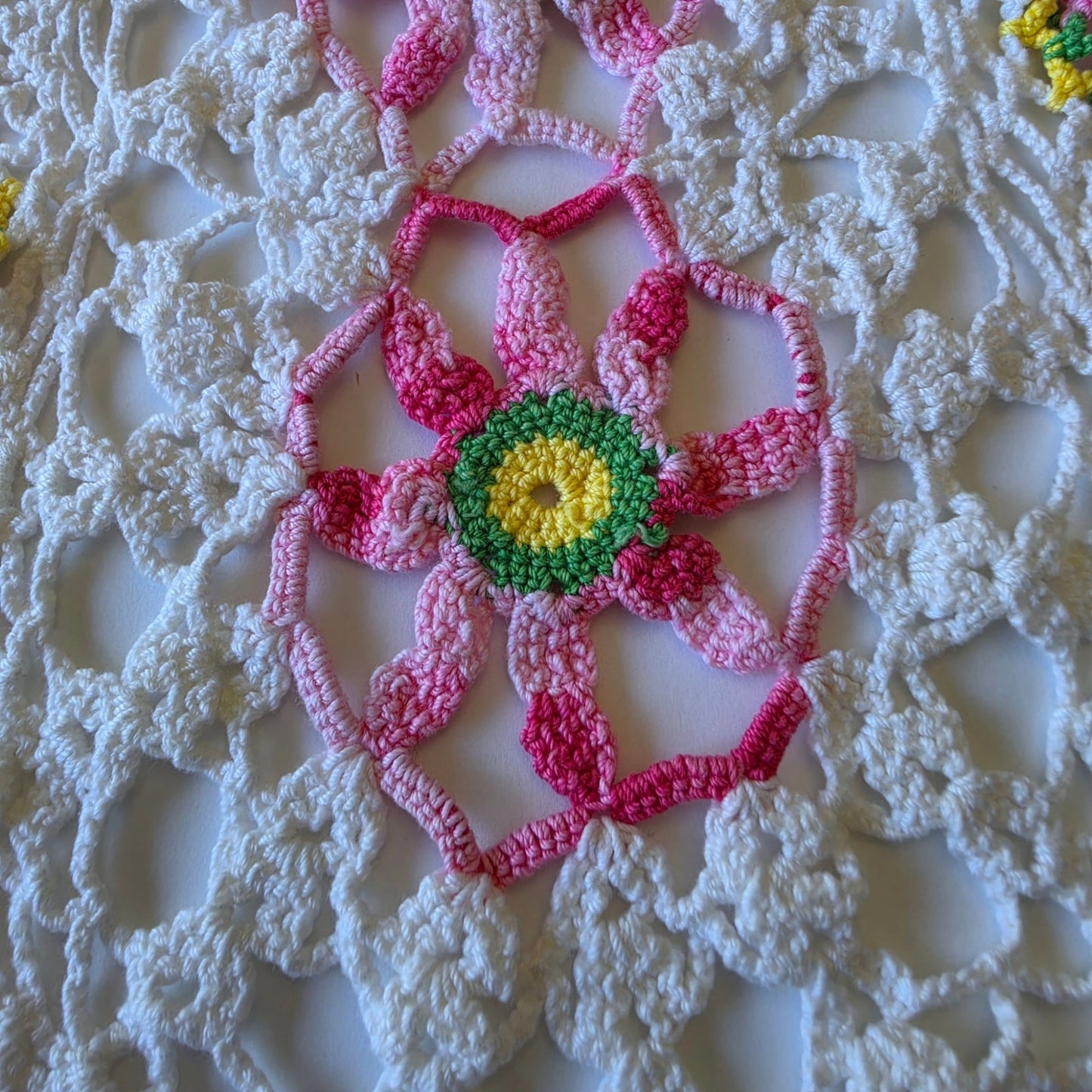 Vintage Crochet Floral Doily Set Oblong Dresser Scarf & Round Doily Handmade