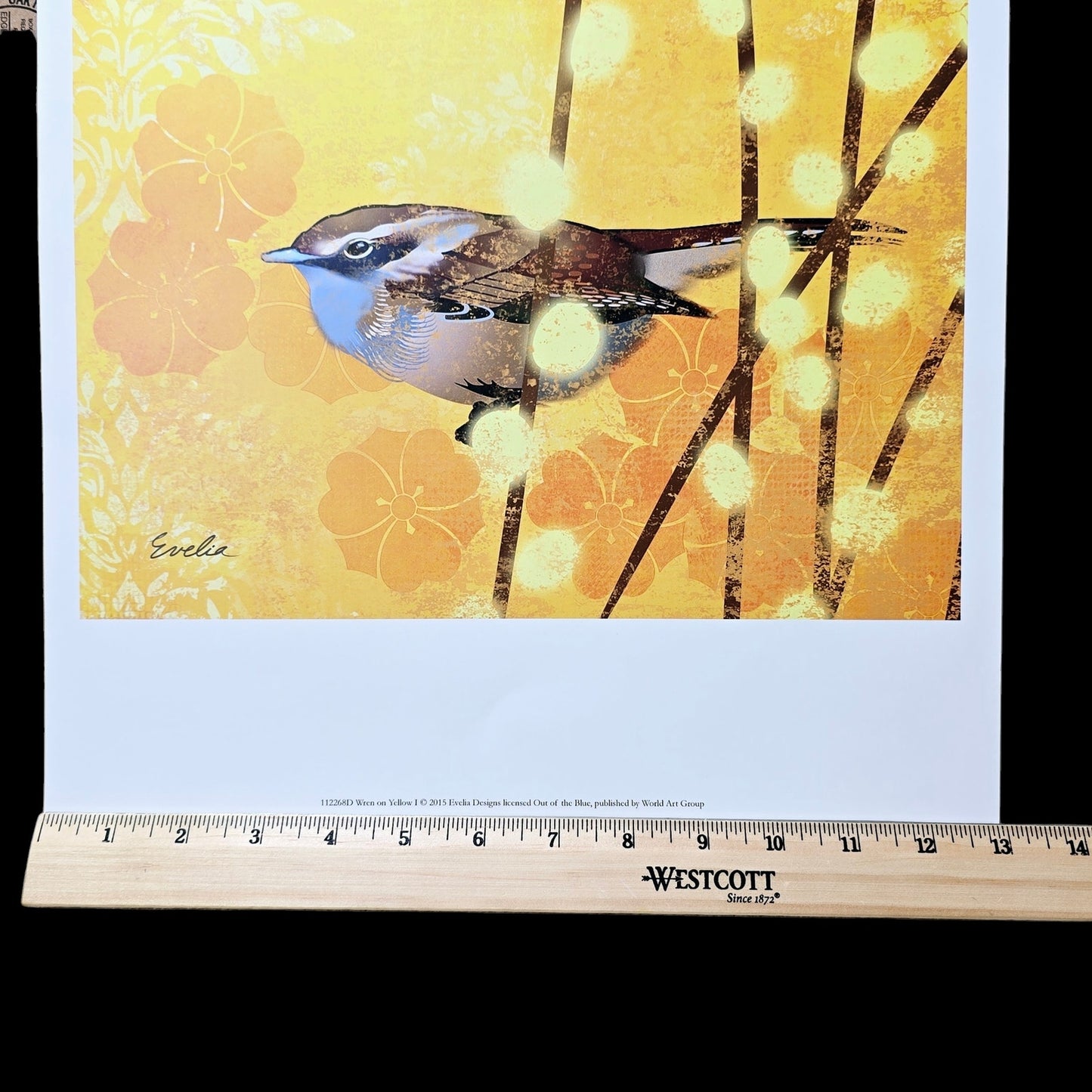 Set of 2 Wren Bird Art Prints: Wren on Yellow I and II, 2015 Evelia Designs, Licensed Out of the Blue, Published by World Art Group