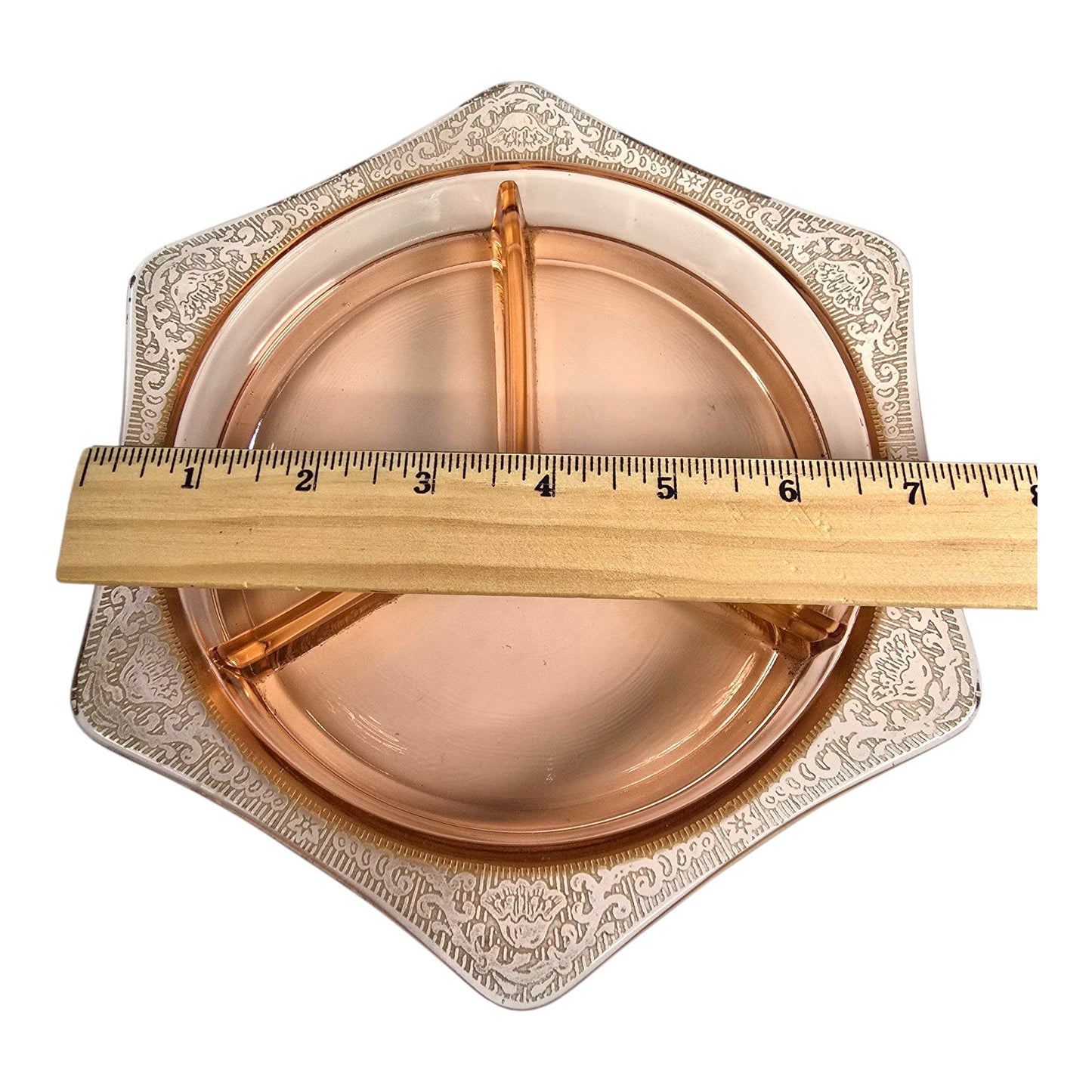 Pink Depression Glass Divided Relish Dish with Gold Decorative Border