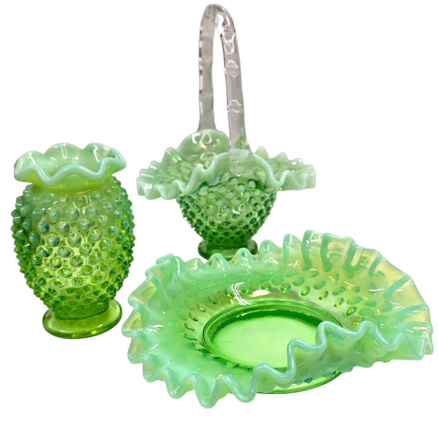 Fenton Green Opalescent Hobnail 3-Pc Set Uranium Vase Basket Dish Glows Green UV