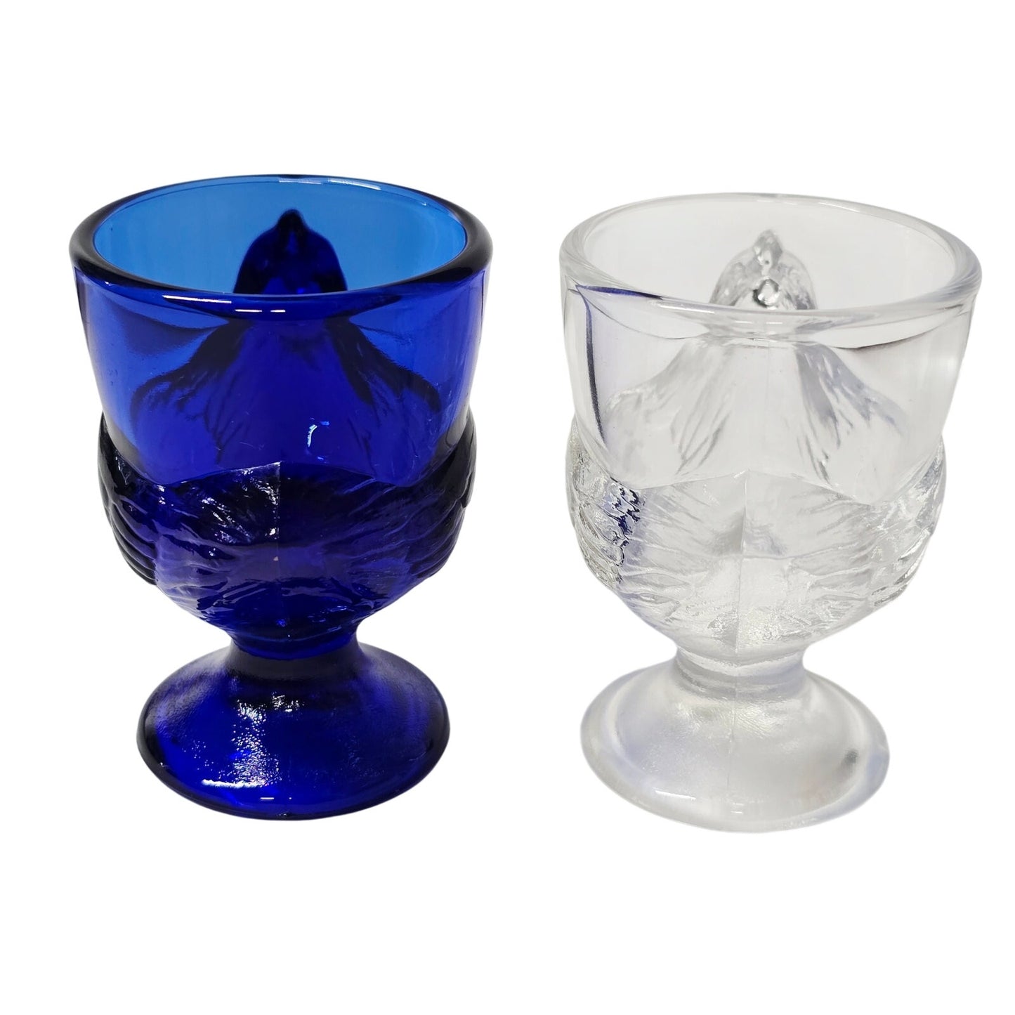 Vintage French Glass Chicken Egg Cups Set of 2 Cobalt Blue & Clear Marked France