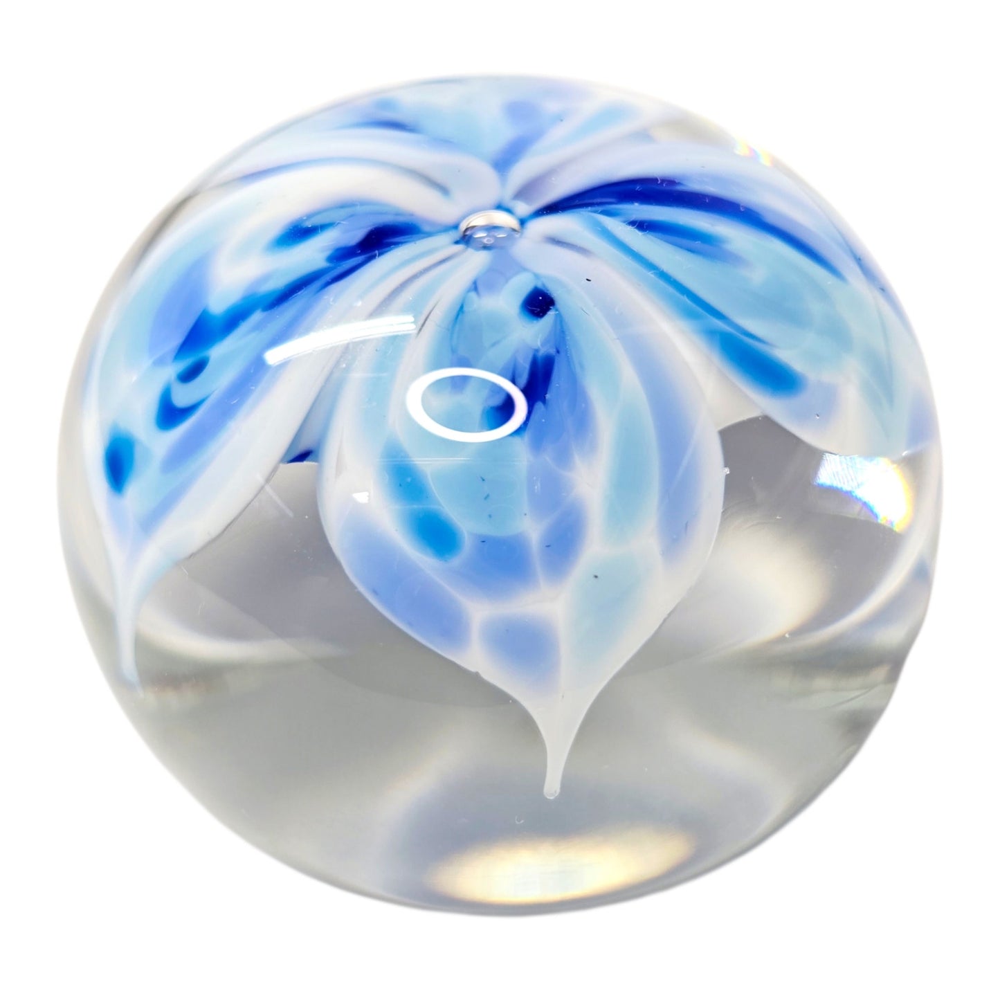 Signed Jodi Bove 1991 Art Glass Paperweight Blue White Floral Swirl Flower 2"
