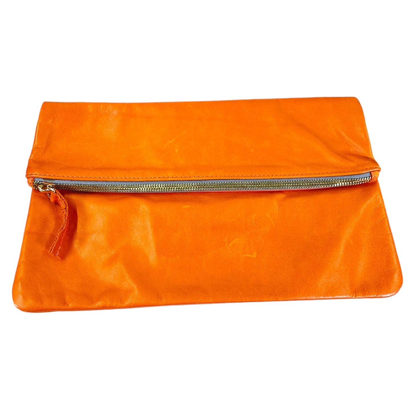 Clare Vivier Vintage Orange Leather Foldover Clutch, Zip Top  Clutch, Folded Measurements: 7" H