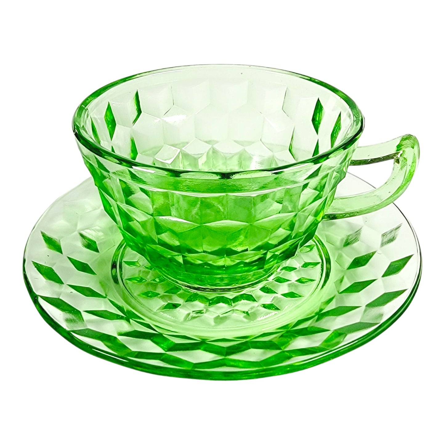 Green Cubist Glass Teacup and Saucer, Jeannette Windsor Vaseline Glass Cup and Saucer