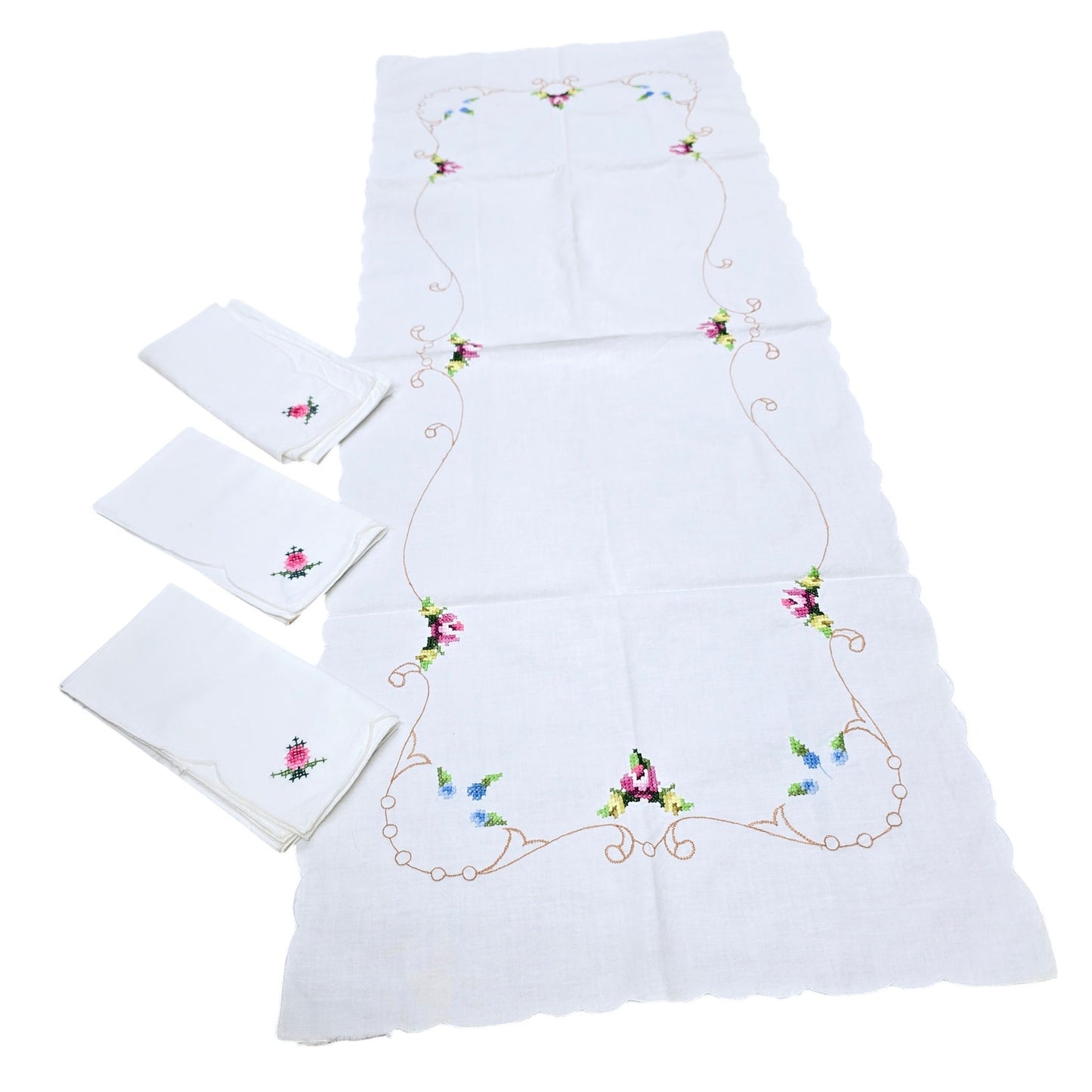 Floral Embroidered Table Runner with 3 Napkins