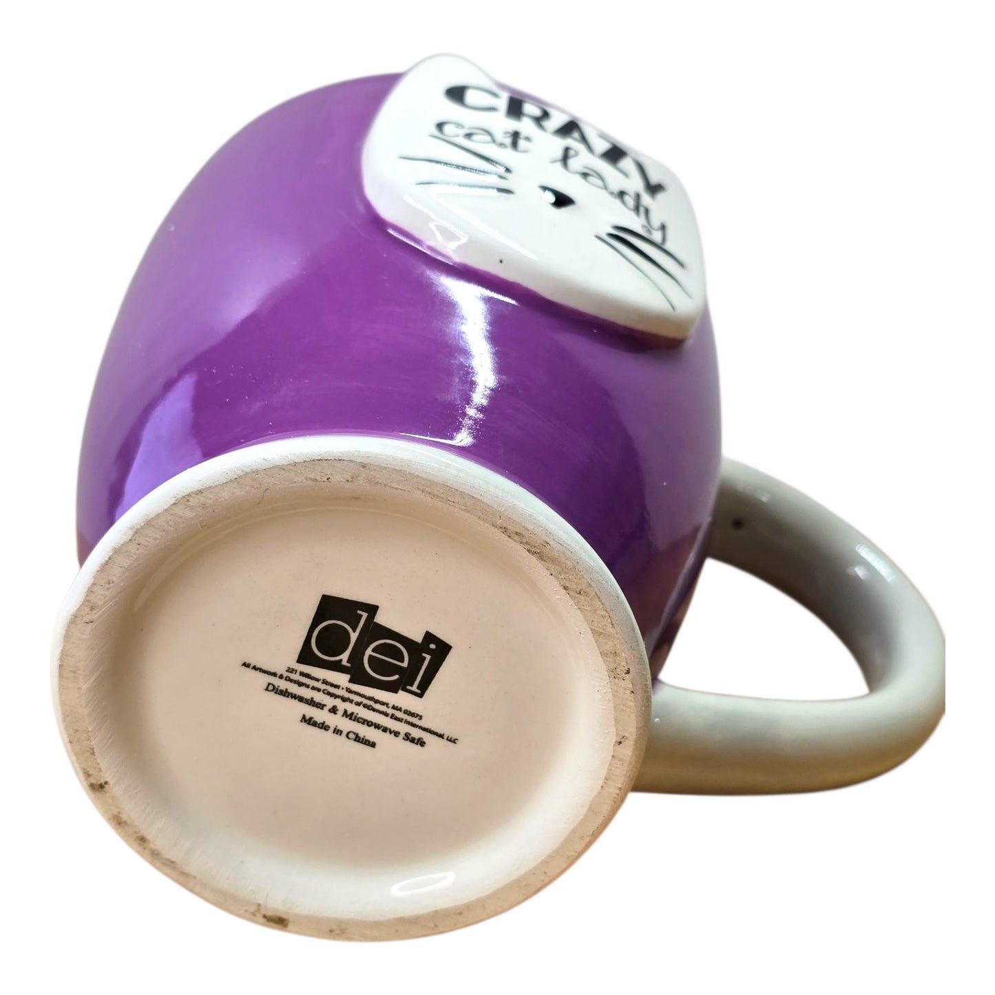 DEI Crazy Cat Lady Coffee Mug Purple Ceramic Novelty Cat Face Cup Collectible