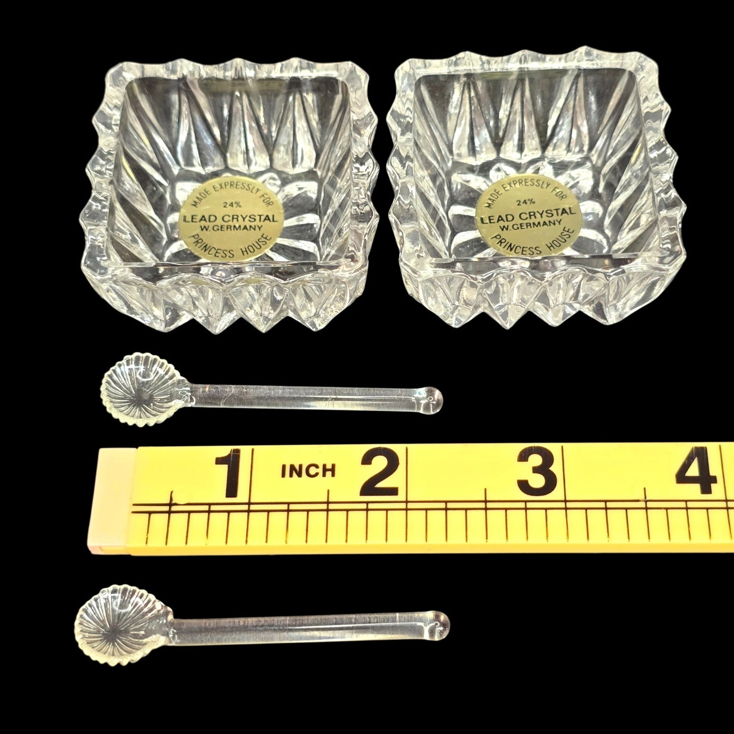 Vtg Princess House Crystal Salt Cellars & Tiny Glass Spoons W. Germany 24% Lead