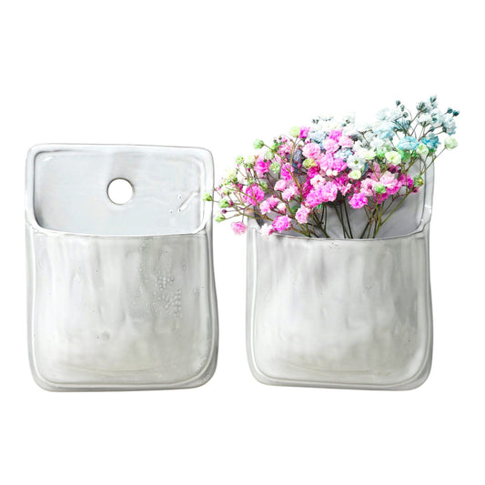 White Terracotta Pottery Wall Pockets Set of 2 Distressed White Glazed Farmhouse
