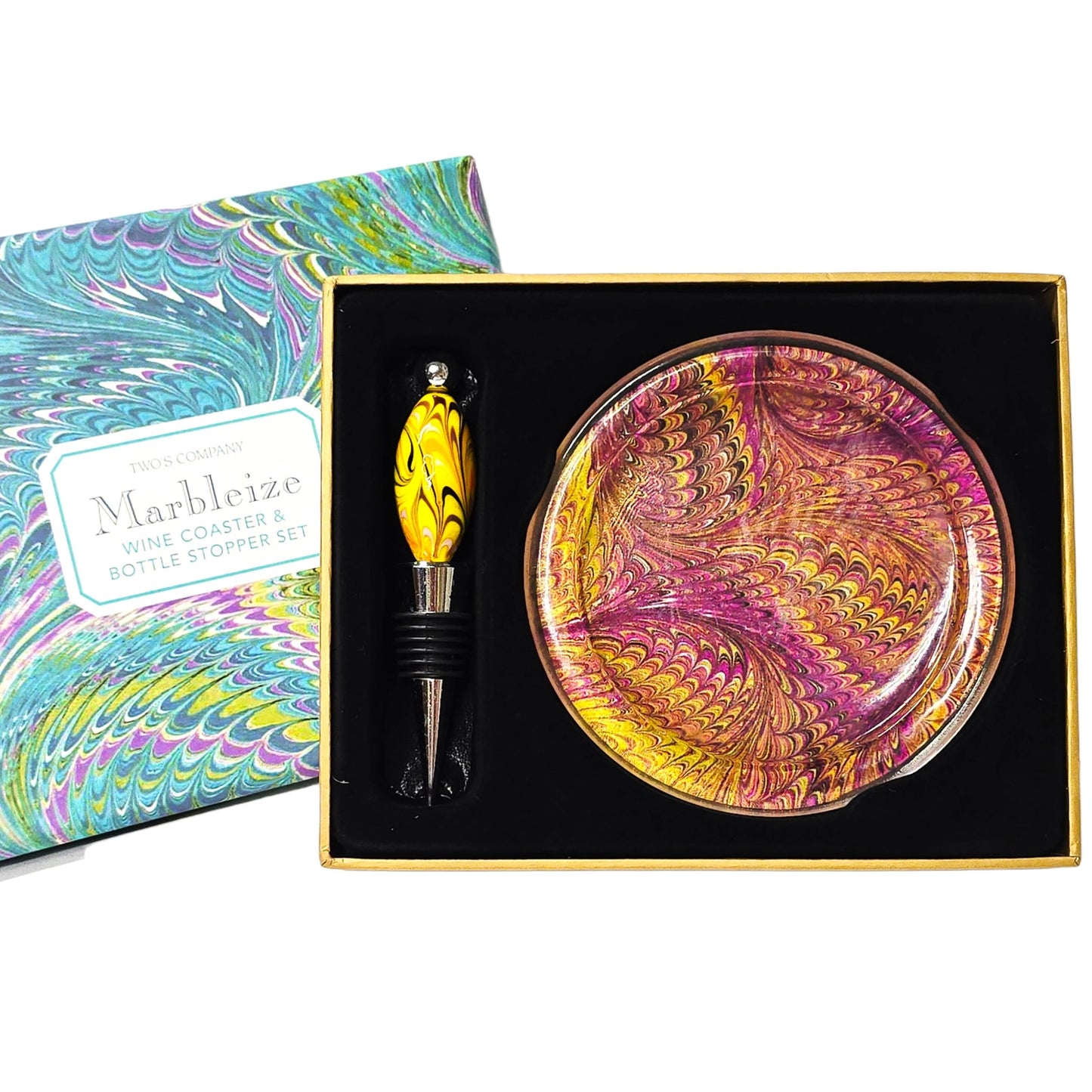 Two's Company "Marbleize" Wine Coaster & Bottle Stopper Set - NIB