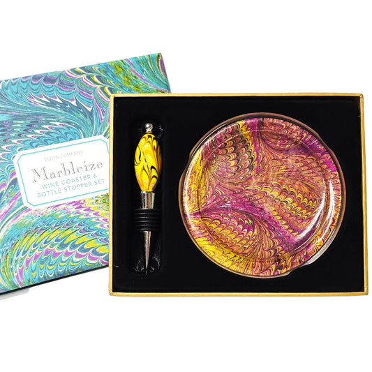 Two's Company "Marbleize" Wine Coaster & Bottle Stopper Set - NIB